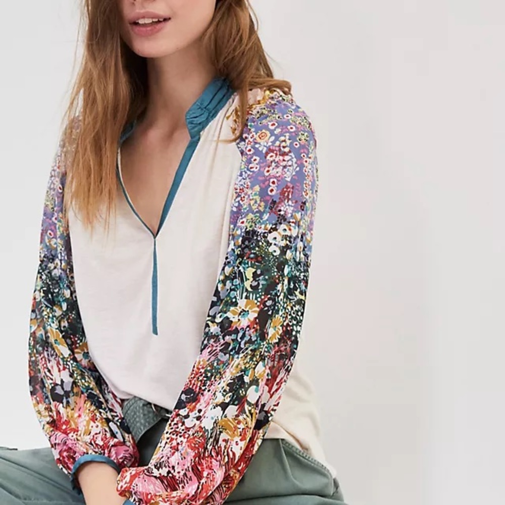 $98 Anthropologie Tiny Eleanor Floral Chiffon Balloon Long Sleeve Blouse 1X‎ 2X
